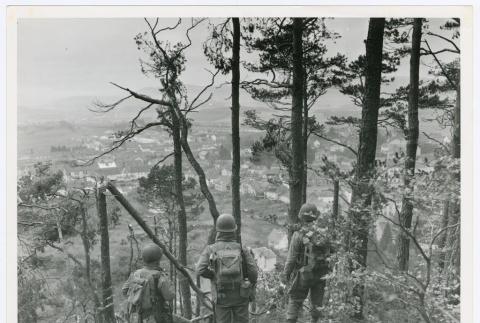 Japanese-American soldiers look down on French valley (ddr-densho-1007-266)