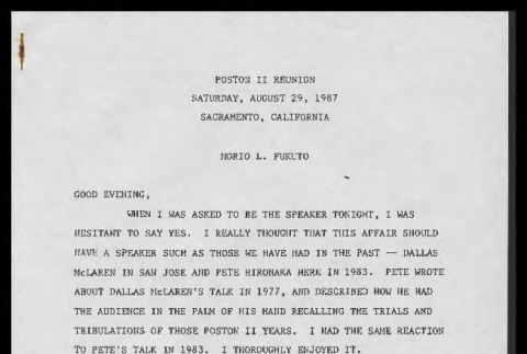 Speech by Morio L. Fukuto, Associate Justice, Court of Appeals, to the Poston II reunion, August 29, 1987 (ddr-csujad-55-1872)