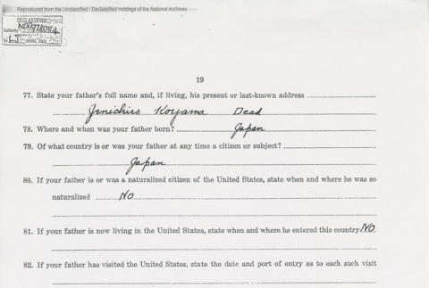 U.S. Department of Justice Alien Enemy Questionnaire page 19 of 26. (ddr-one-5-140)