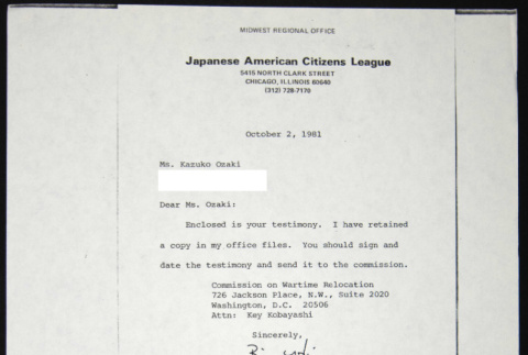 Letter to Kazuko Ozaki from Bill Yoshino (ddr-chijacl-1-539)