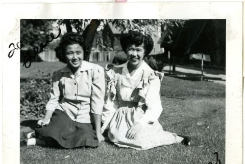 Signed photograph of two women in  a garden (ddr-manz-6-37)