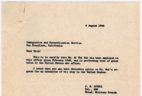 Letter from Col. J. R. Lovell to Immigration and Naturalization Service (ddr-densho-446-162)