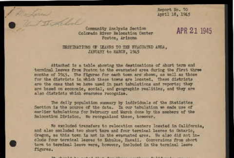 Community analysis report, no. 70 (April 18, 1945) (ddr-csujad-55-1662)
