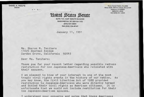 Letter from Daniel K. Inouye, Senator, to Sharon M. Tanihara, January 11, 1991 (ddr-csujad-55-2063)