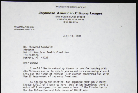 Letter to Sherwood Sandweiss of the Detroit American Jewish Committee from William Yoshino (ddr-chijacl-1-758)