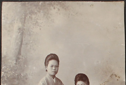 Two Japanese women posed with a dog (ddr-densho-259-107)