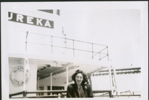 A woman on a ferry in San Francisco (ddr-densho-298-165)