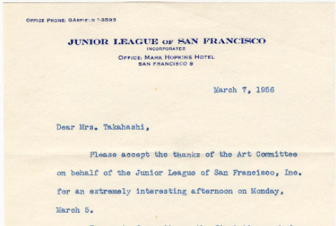 Letter from San Francisco Junior League to Tomoye Takahashi (ddr-densho-422-47)