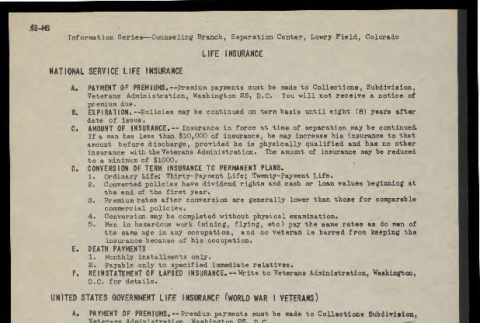 Information series (Lowry Field, Colorado), no. 3-MS (September 1945): life insuranceno (ddr-csujad-55-2160)