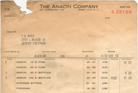 Receipt for orders from the Anacin Company (ddr-densho-319-489)