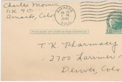 Letter sent to T.K. Pharmacy from Granada (Amache) concentration camp (ddr-densho-319-252)