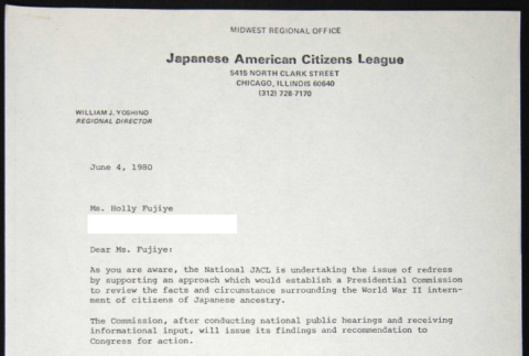 Letter to Holly Fujiye from William Yoshino (ddr-chijacl-1-482)