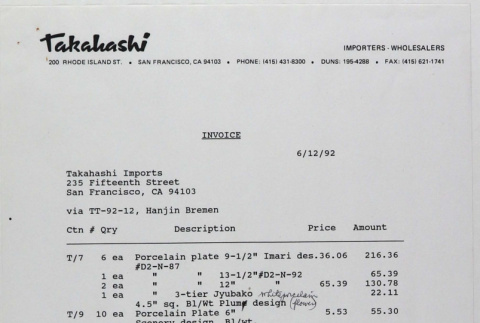 Invoice from Takahashi Imports (ddr-densho-424-358)