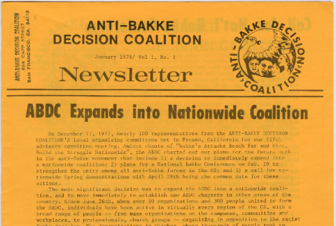 Anti-Bakke Decision Coalition Newsletter Vol. 1, No. 1 (ddr-densho-444-47)