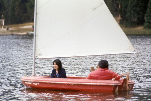 Tom Nakazawa and Judy Ban in a sail boat (ddr-densho-336-868)