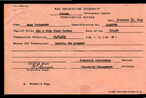 Termination notice, Form WRA-114, Mary Tsukamoto (ddr-csujad-55-5)