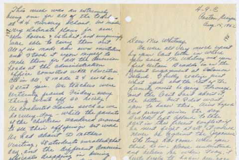[ Letter to Mrs. Whitney from Fumiko Fukuda | August 15, 1942 ] (ddr-janm-22-45)
