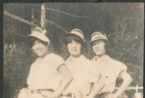 Three women in matching visors and trousers (ddr-densho-523-36)