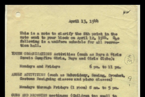 Note from Social and Entertainment, Community Activities, Heart Mountain, April 13, 1944 (ddr-csujad-55-721)