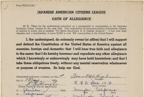 JACL Oath of Allegiance for Frank H. Sekigahama (ddr-ajah-7-118)