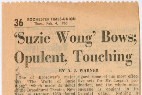 Clipping from Rochester Times-Union with review of The World of Suzie Wong (ddr-densho-367-262)