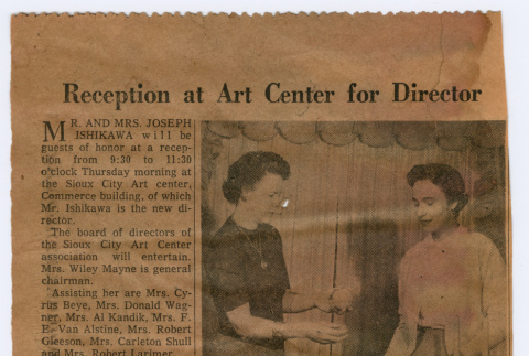 Newspaper clipping: Reception at Art Center for Director (ddr-densho-468-239)