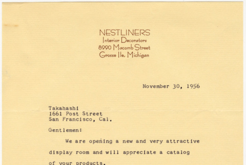 Letter from Kay Osario, Nestliners Interior Decorators, to Takahashis (ddr-densho-424-108)