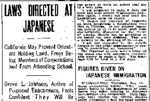 Laws Directed at Japanese. California May Prevent Orientals Holding Land, From Being Members of Corporations and From Attending School. (January 14, 1909) (ddr-densho-56-138)