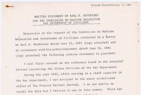 Statement of Karl R. Bendetsen to Commission on Wartime Relocation and Internment of Civilians (CWRIC) (ddr-densho-122-273)