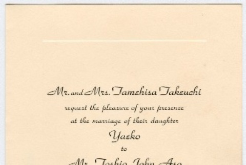 Wedding invitation for the marriage of Yaeko Takeuchi to Toshi John Aso (ddr-densho-329-386)