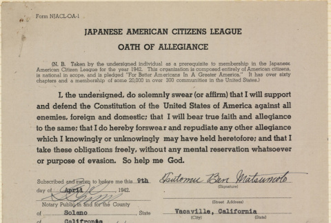 JACL Oath of Allegiance for Tsutomu Ben Matsumoto (ddr-ajah-7-91)