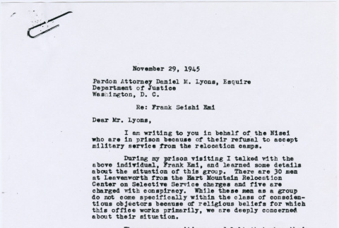 Letter to Daniel Lyons, Pardon Attorney with the Department of Justice, from Winslow Osborne (ddr-densho-122-493)