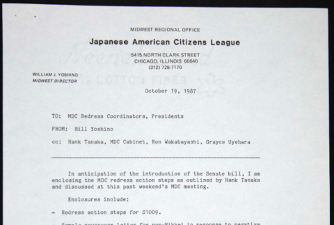Memo to MDC Chapter Presidents and Redress Representatives from Bill Yoshino (ddr-chijacl-1-241)