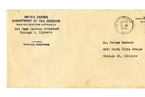 Envelope from War Relocation Authority, United States Department of the Interior, to George Naohara, September 27, 1945 (ddr-csujad-38-569)