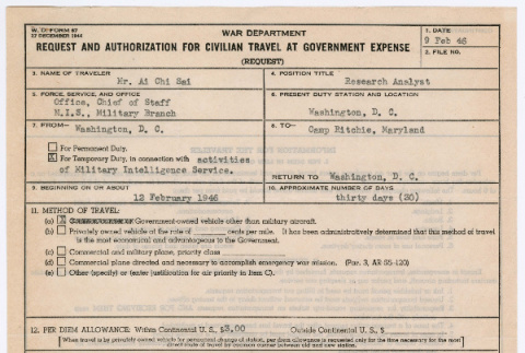 W.D. Form 67: Request and Authorization for Civilian Travel at Government Expense (ddr-densho-446-171)