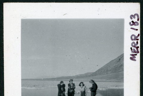 Photograph of four women in front of standing water at Bad Water in Death Valley (ddr-csujad-47-100)