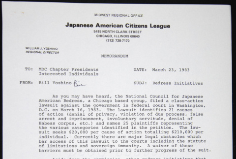 Memo to MDC Chapter Presidents, Interested Individuals from Bill Yoshino (ddr-chijacl-1-267)