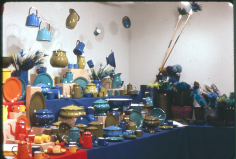 Display of green and blue enamel and lacquerware (ddr-densho-426-362)