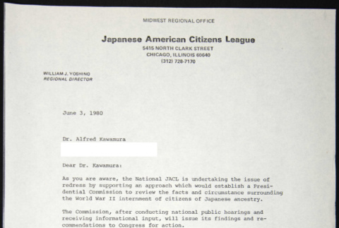 Letter to Alfred Kawamura from William Yoshino (ddr-chijacl-1-475)
