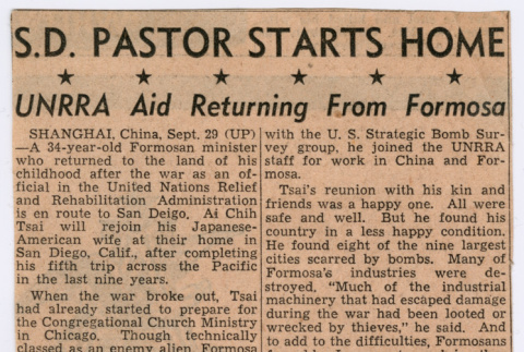 Newspaper article: S.D. Pastor Starts Home - UNRRA Aid Returning from Formosa (ddr-densho-446-407)