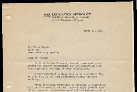 Letter from Robert Y. Kodama, Executive Secretary, Relocation Planning Commission, to Mr. Shoji Nagumo, March 27, 1944 (ddr-csujad-55-606)