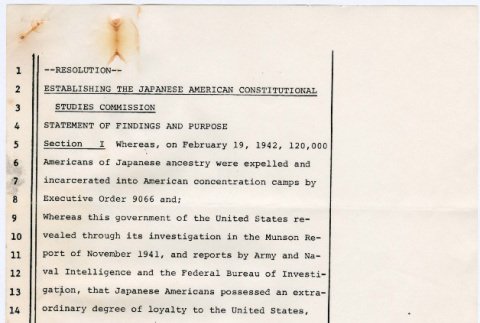 Resolution Establishing the Japanese American Constitutional Studies Commission (ddr-densho-122-143)