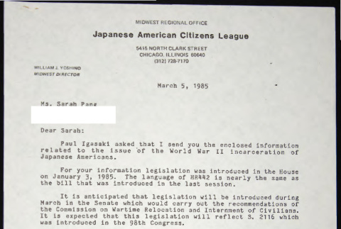 Letter to Sarah Pang from William Yoshino (ddr-chijacl-1-684)