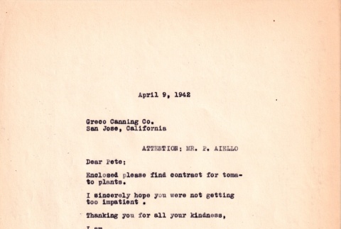 Letter from Harry Kondo to Pete Aiello, Greco Canning Co. (ddr-ajah-7-12)