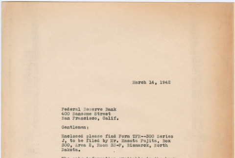 Letter from Toshima Fujita to Federal Reserve Bank, San Francisco (ddr-densho-491-24)