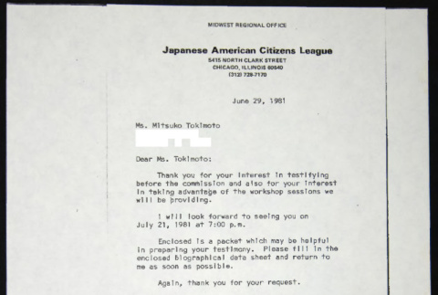 Letter to Misuko Tokimoto from Bill Yoshino (ddr-chijacl-1-617)