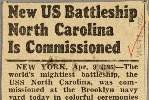 News clipping regarding the USS North Carolina (ddr-njpa-13-387)