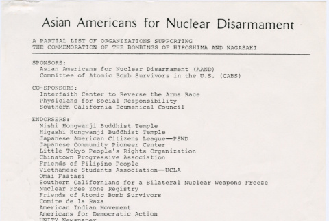 List of organizations supporting the commemoration of the Bombings of Hiroshima and Nagasaki (ddr-densho-444-29)