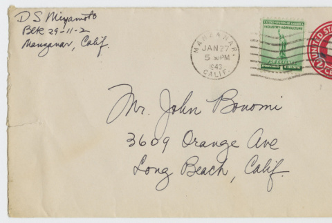 Envelope addressed to John Bonomi (ddr-janm-21-22)