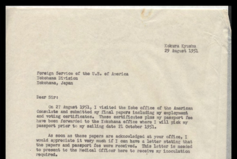 Letter from Masako Adachi to Foreign Service of the U.S. of America, August 29, 1951 (ddr-csujad-55-2251)